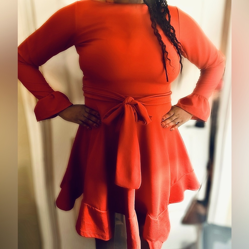 Rebdolls "Special Edition" Bell Sleeve Ruffled Tie Front Mini Dress-Rust Red